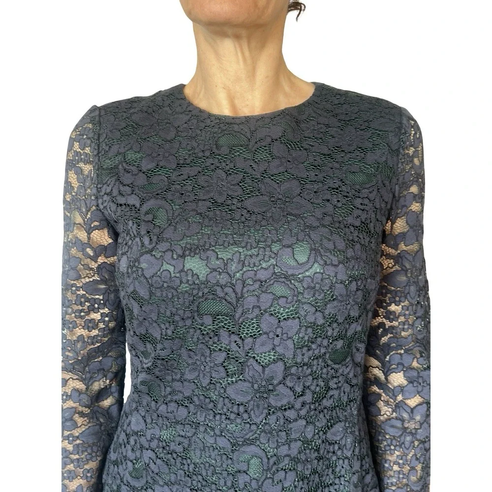 TORY BURCH Dress Blue Lace Green lined floral lace sheath cocktail mini 4 NWT